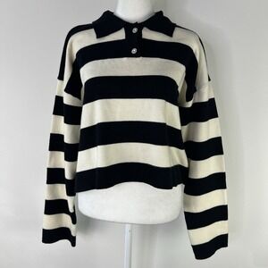 INDUSTRY Classic Preppy Retro Black Striped Rhinestone Button Sweater Size LARGE